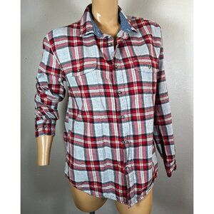 TallWoods Bruno Milano Womens Med Button Up Shirt Flannel Gray Red Plaid Cotton